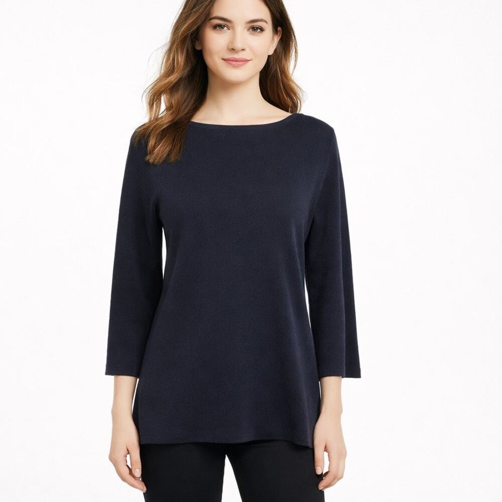 Lafayette 148  Blue Ribbed Knit 3/4 Slit Sleeve Top Sz. P Small Minimal Career